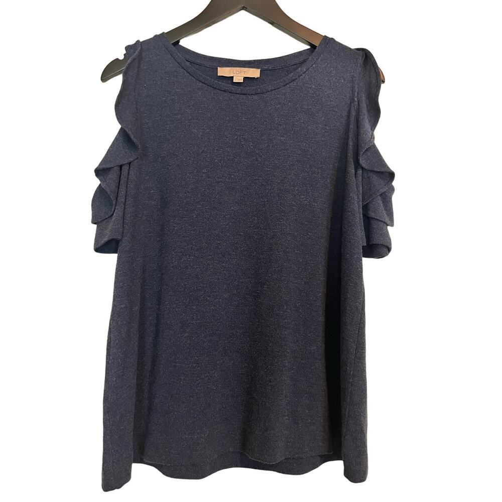2 for $10 special☀️ EUC Loft Blue Cold Shoulder Blouse with Ruffled Sleeves Size - Picture 2 of 7